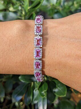 Stunning Ceylon Emerald Cut Pink Sapphire Diamond Halo Bracelet 14K WG 11.56ctw